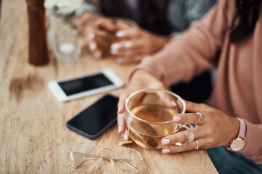 Kahve dükkanı, telefon ve içki içen kadın elleri, sıcak içecek ve cam kenarında çay. Kahvaltı, arkadaşlar ve sosyal medya için akıllı telefonu olan insanlar, sohbet ve restoran, restoran veya kafede web sitesi.