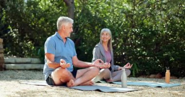 Son sınıf çifti, yoga ve sabah çimenlerin üzerinde beşlik çakarak, gülümseyerek ve yazın takım çalışmasıyla mutlu. Emeklilik, kadın ve erkek bahçedeki çimlerin üzerinde hasırla meditasyon için gün ışığında suyla birlikte..