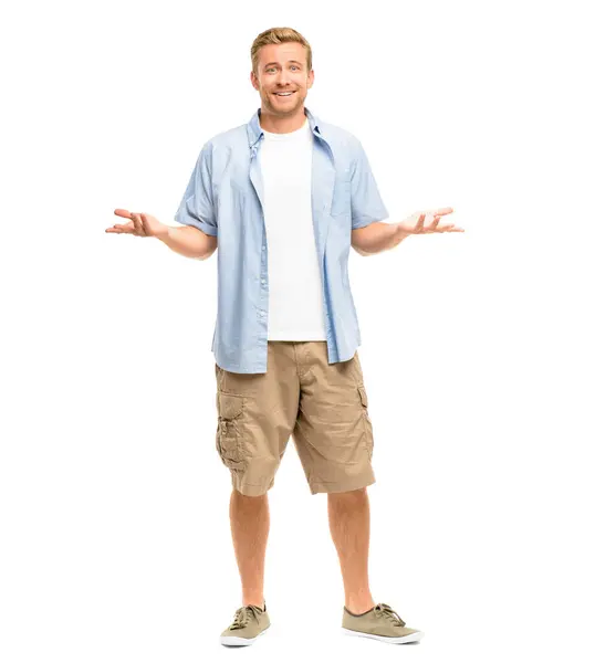 stock image Studio, smile and portrait of woman with shrug for doubt, question and confused on white background. Uncertain, male person and shoulders with gesture of emoji for uncertain, choice and decision.