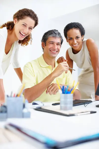 stock image Portrait, team and smile in office for small business, startup and support in agency. Real estate, people and tech in workplace with partnership, collaboration and diversity or inclusion in industry.