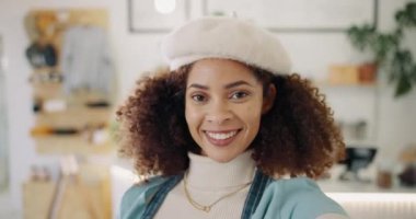 Woman, face and barista with confidence, small business and arms crossed as entrepreneur in cafe. Female person, waitress and pride in industry, hospitality or customer service with happiness at work.