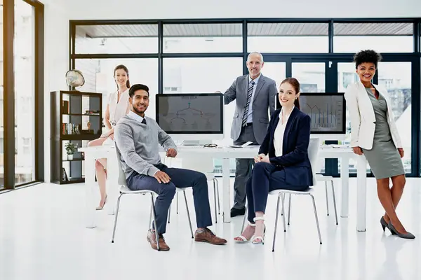 stock image Portrait, computer and employees in office together, coworking or workspace for career in data analyst or desk. Online, statistics for digital stock for business, website or analytic spreadsheet.