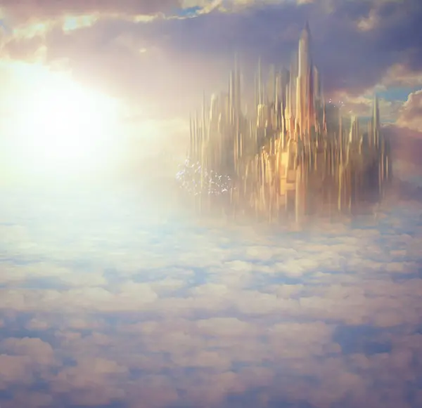 stock image Heaven, clouds and castle with light for fantasy, creative imagination and surreal with birds, sky and sunlight. Mystical, mansion and architecture for holy paradise, religion and spiritual palace.