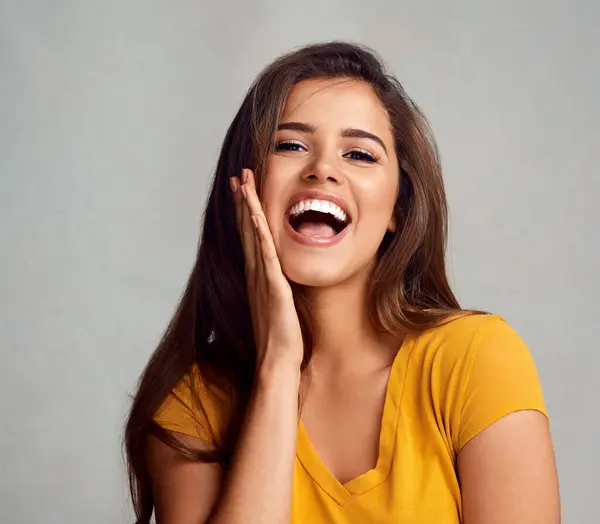 stock image Studio, excited and woman in portrait for gossip, omg and mind blown with shock for good news. Expression, female model or surprise with emoji reaction for announcement, secret and gray background.