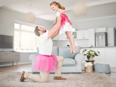 Father, child and ballet dancing in home with lifting, favorite song and tutu costume in living room. Dancer family, man and girl with fairy skirt for fantasy concert, learning steps and imagination. clipart