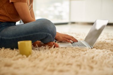 Hands, floor and woman typing on laptop for research, hybrid work or check email app in home. Computer keyboard, screen and freelancer on carpet or virtual assistant on website for project schedule. clipart