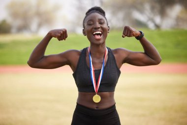 Woman, flex and celebration with medal as athlete for winner, competition and sports achievement outdoor. Black person, portrait and success with professional running, award and podium performance. clipart