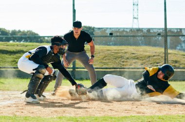 Men, baseball or runner with referee or pitcher for sports, point or match in tournament or outdoor game. Young, male people or players with dust for competition, score or safe on grass field or turf. clipart