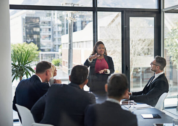 Presentación Liderazgo Con Mujeres Colegas Una Reunión Negocios Una Sala — Foto de Stock