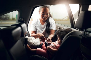 Happy mother, car and baby with seat for travel, road trip vehicle safety or security in city. Mom, child or kid with harness, belt or protection for transportation, journey or adventure together. clipart