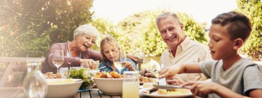 Happy, lunch and grandparents with children in backyard for brunch, supper or eating food. Family home, banner and grandpa, grandma and kids bonding at Thanksgiving, Christmas or festive garden party. clipart