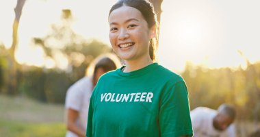 Portrait, volunteer and happy woman outdoor for community service or altruist at sunset. Clean, charity worker and person at park as philanthropy assistant, environment care or social responsibility. clipart