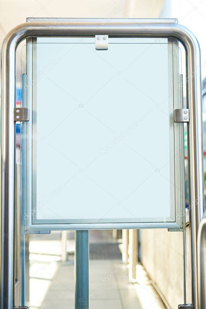 Poster, mockup space and frame at bus stop for advertising, promotion or marketing display. Signage, billboard and blank banner in town for outdoor commercial, announcement or publicity information