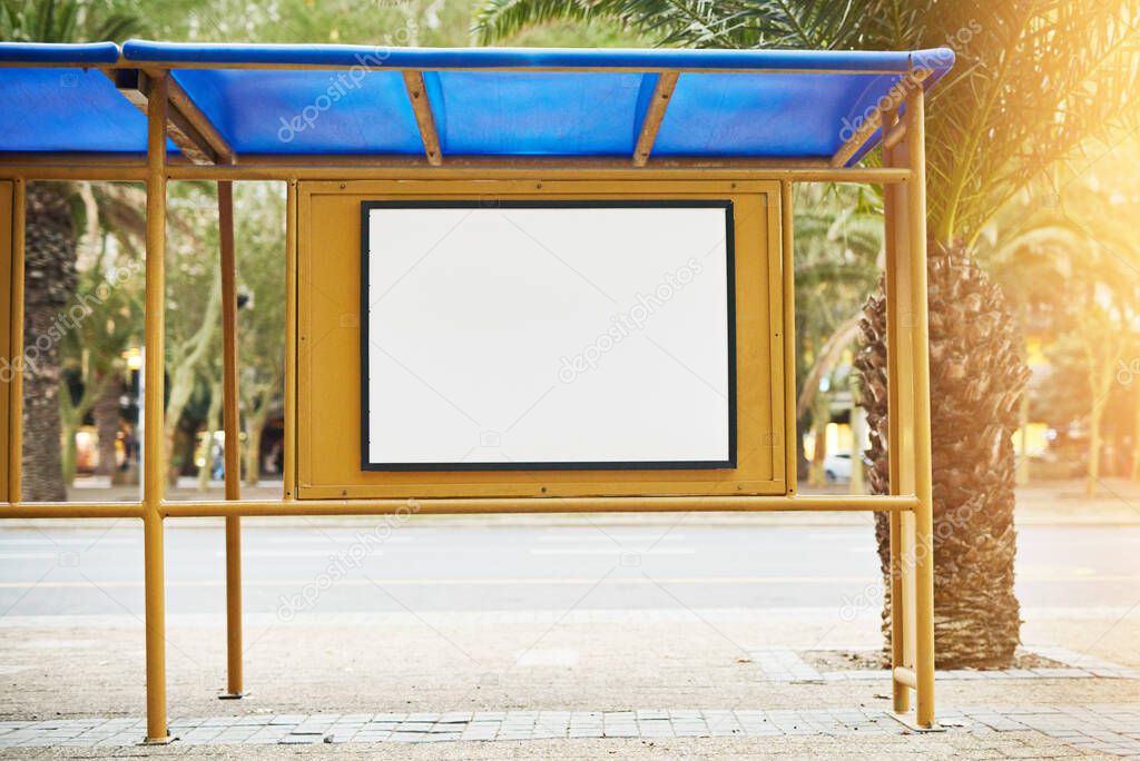 Sign, poster and street with bus stop or mockup space for advertising, message or social media in city. Empty billboard, banner or blank post for brand, logo or marketing on sidewalk in an urban town.