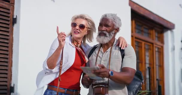 Travel Mature Couple Map City Journey Support Pointing Direction Trip