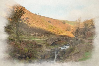 İngiltere 'deki Peak District Ulusal Parkı' nda Three Shires Head 'in dijital suluboya resmi..