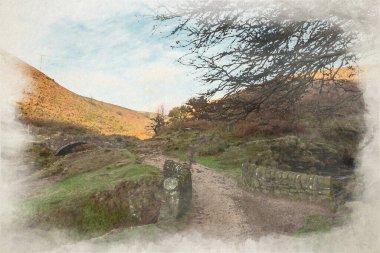 İngiltere 'deki Peak District Ulusal Parkı' nda Three Shires Head 'in dijital suluboya resmi..
