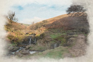 İngiltere 'deki Peak District Ulusal Parkı' nda Three Shires Head 'in dijital suluboya resmi..