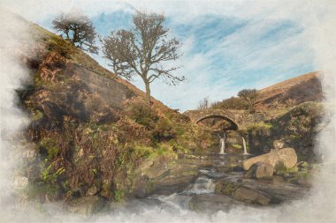 İngiltere 'deki Peak District Ulusal Parkı' nda Three Shires Head 'in dijital suluboya resmi..