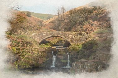 İngiltere 'deki Peak District Ulusal Parkı' nda Three Shires Head 'in dijital suluboya resmi..