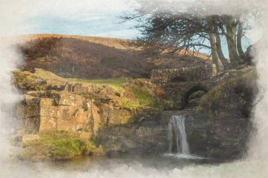 İngiltere 'deki Peak District Ulusal Parkı' nda Three Shires Head 'in dijital suluboya resmi..