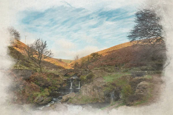 İngiltere 'deki Peak District Ulusal Parkı' nda Three Shires Head 'in dijital suluboya resmi..