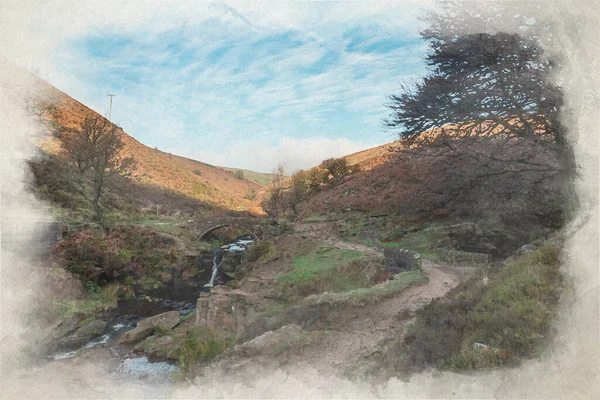 Digitales Aquarell Von Three Shires Head Peak District National Park — Stockfoto
