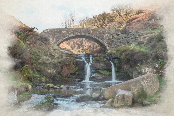 İngiltere 'deki Peak District Ulusal Parkı' nda Three Shires Head 'in dijital suluboya resmi..