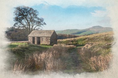 Cheshire, Peak District Ulusal Parkı 'ndaki Shutlingsloe Tepesi manzarasının dijital suluboya resmi..