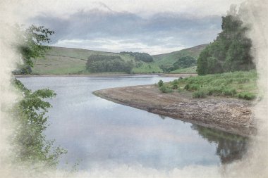 Digital watercolor painting of the reservoir at Upper Goyt Valley, Derbyshire within the Peak District National Park, UK.