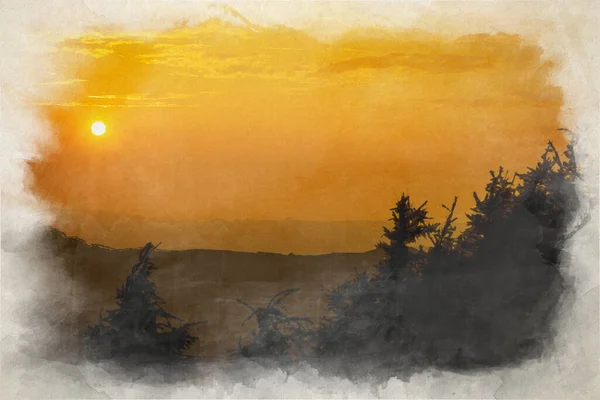 A digital watercolor painting of and beautiful orange sunset with silhouettes of trees and hills at the Roaches, Peak District National Park, UK.