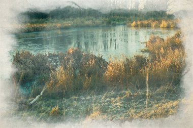 Wetley Mağribi. Donmuş bir gölette altın şafak ışığının dijital suluboya resmi. Staffordshire, İngiltere, İngiltere. Hala gölgede olan donmuş bozkırın aksine..
