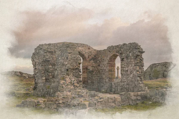 The ruined church and Saxon cross digital watercolor painting at Ynys Llanddwyn on Anglesey, Wales, UK.