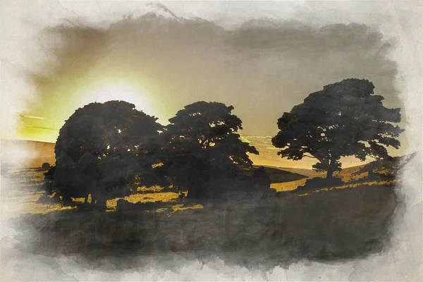 Sunet digital watercolor painting of Roach End, The Roaches, Staffordshire in the Peak District National Park, UK.