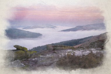 Bamford Sınırı. Ladybower ve Hope Valley. İngiltere, İngiltere 'deki Peak District Ulusal Parkı' nda kış gündoğumu sıcaklık değişiminin dijital suluboya resmi..