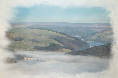 Bamford Sınırı. Ladybower ve Hope Valley. İngiltere, İngiltere 'deki Peak District Ulusal Parkı' nda kış gündoğumu sıcaklık değişiminin dijital suluboya resmi..