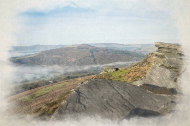 İngiltere 'nin Peak District Ulusal Parkı' ndaki Win Hill 'in Bamford Edge kış gündoğumu görüntüsünün dijital suluboya resmi..