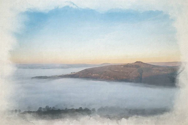 Bamford Edge. Ladybower, and Hope Valley. Digital watercolour painting of a winter sunrise temperature inversion in the Peak District National Park, England, UK.