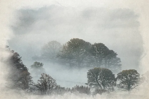 Trees Fog Digital Watercolour Painting Bamford Edge Landscape Vignette Winter — Stock Photo, Image