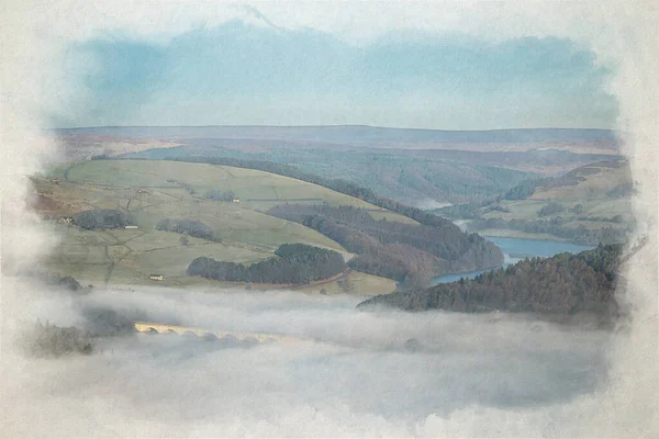Bamford Edge. Ladybower, and Hope Valley. Digital watercolour painting of a winter sunrise temperature inversion in the Peak District National Park, England, UK.