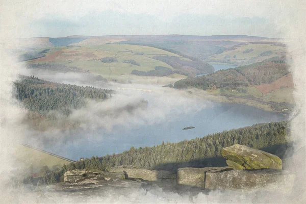 Bamford Sınırı. Ladybower ve Hope Valley. İngiltere, İngiltere 'deki Peak District Ulusal Parkı' nda kış gündoğumu sıcaklık değişiminin dijital suluboya resmi..