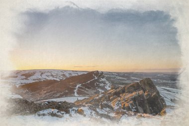 Hen Cloud 'un dijital suluboya tablosu ve kış boyunca İngiltere' nin Peak District Ulusal Parkı 'nda hamamböcekleri..