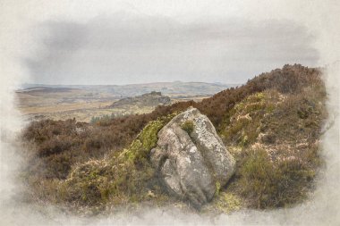 Baldstone ve Gib Torr. Birleşik Krallık 'taki Peak District Ulusal Parkı' nda kış boyunca Hamamböcekleri, Ramshaw Kayaları ve Hen Bulutu 'na bakan dijital bir suluboya tablo..