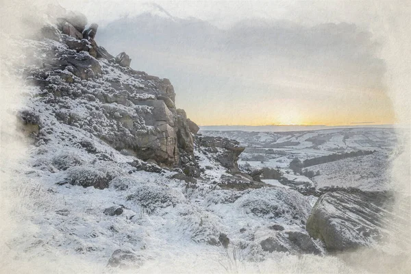 Digitale Aquarellmalerei Der Kakerlaken Bei Sonnenaufgang Winter Peak District National — Stockfoto