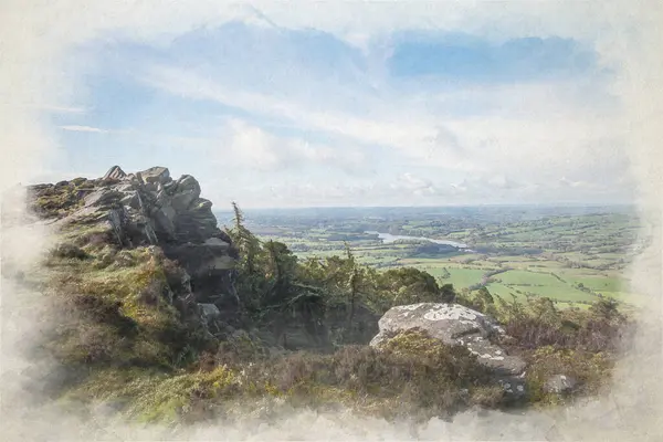 Panoramas Digitala Akvarellmålning Utsikten Från Roaches Staffordshire Vid Soluppgången Peak — Stockfoto