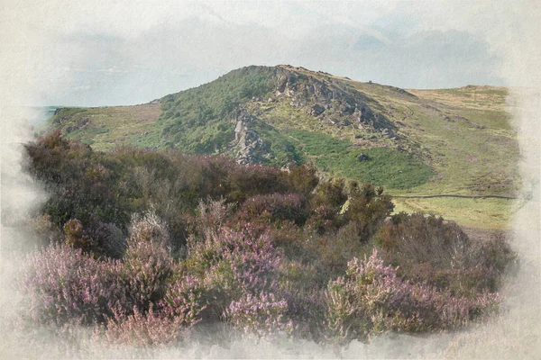 Digital Akvarellmålning Lila Ljung Roaches Staffordshire Från Hen Cloud Peak — Stockfoto