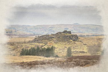 Baldstone ve Gib Torr. Birleşik Krallık 'taki Peak District Ulusal Parkı' nda kış boyunca Hamamböcekleri, Ramshaw Kayaları ve Hen Bulutu 'na bakan dijital bir suluboya tablo..