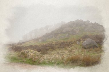 İngiltere 'nin Peak District Ulusal Parkı' ndaki Staffordshire 'da bahar aylarında The Roaches' ta gündoğumu sıcaklık değişiminin dijital suluboya resmi..