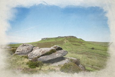 Higger Tor 'un dijital suluboya tablosu Carl Wark' tan, Dark Peak, Peak District Ulusal Parkı, Derbyshire, İngiltere.