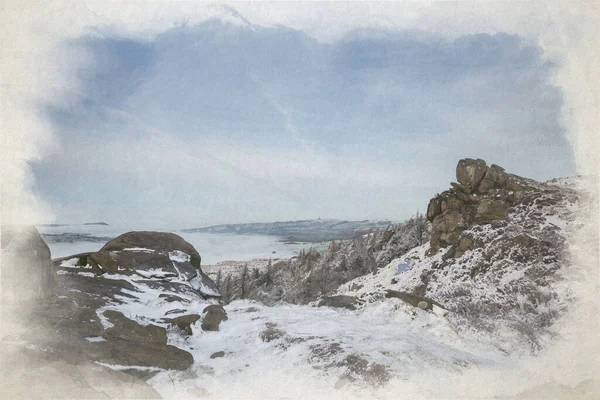 Temperatur Inversion Digital Akvarellmålning Roaches Vid Soluppgången Vintern Peak District — Stockfoto